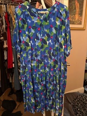 LOGO by Lori Goldstein Blue Floral Print Midi Dress with Green and Pink Accents